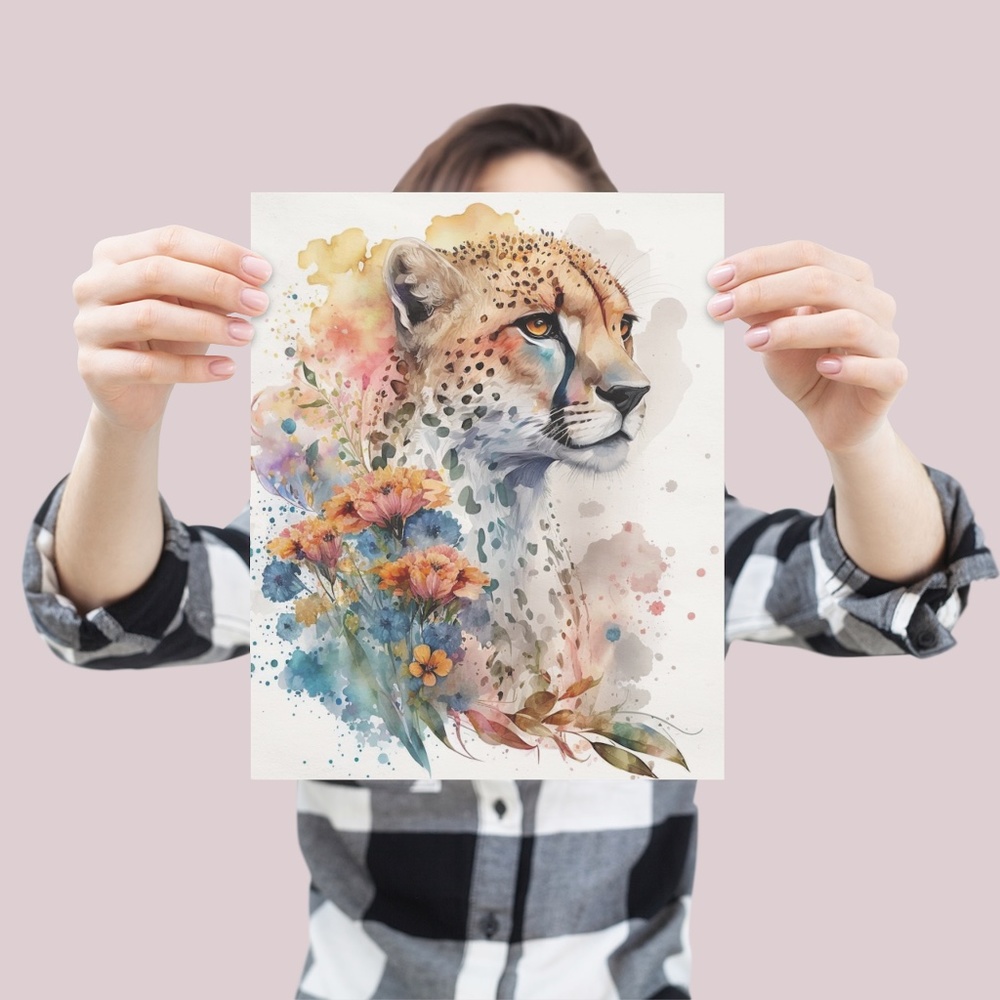 Cute Floral Cheetah Watercolor Wall Art Illustration Print Poster Card Unframed - Picture 4 of 8